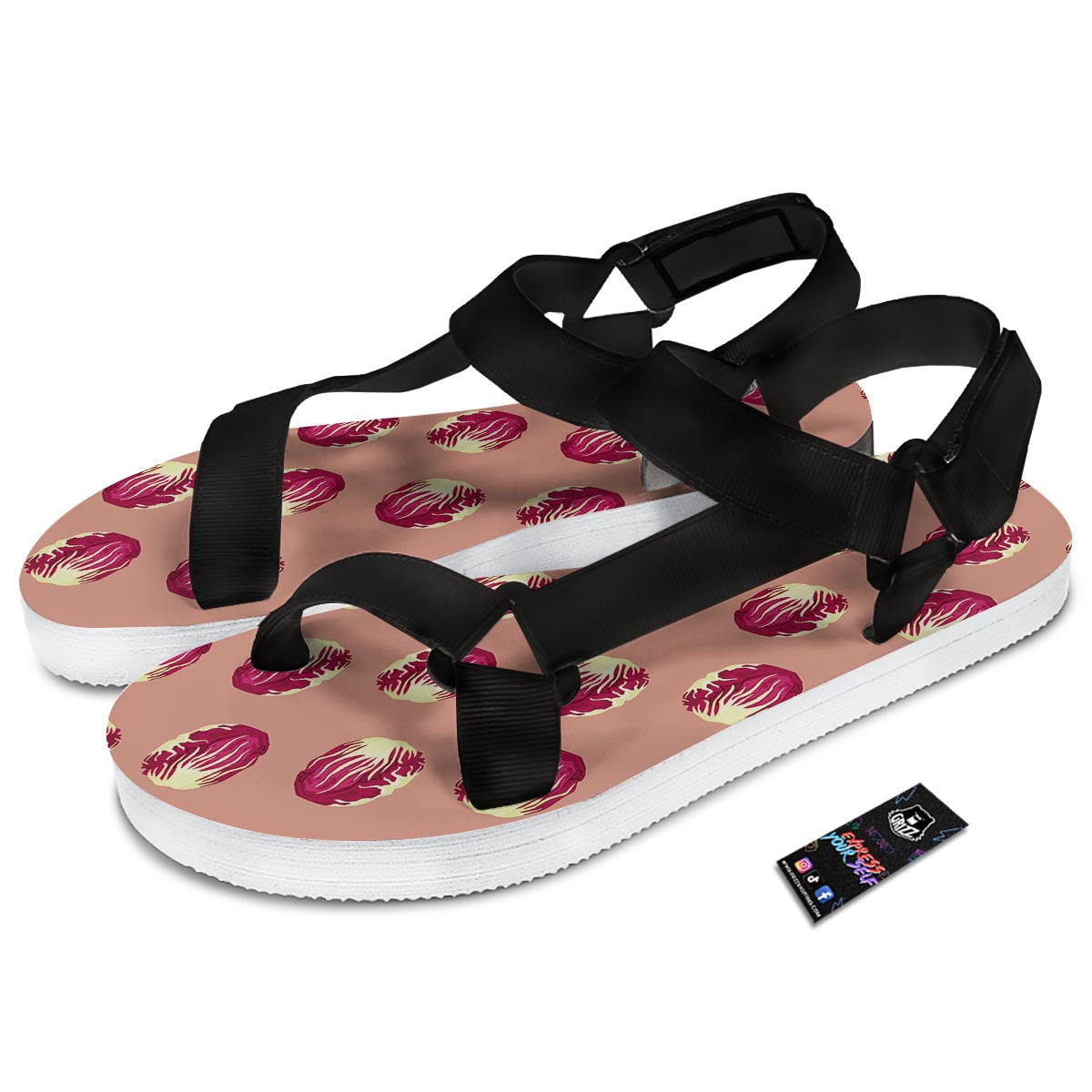 Cabbage Red Print Pattern Black Open Toe Sandals-grizzshop