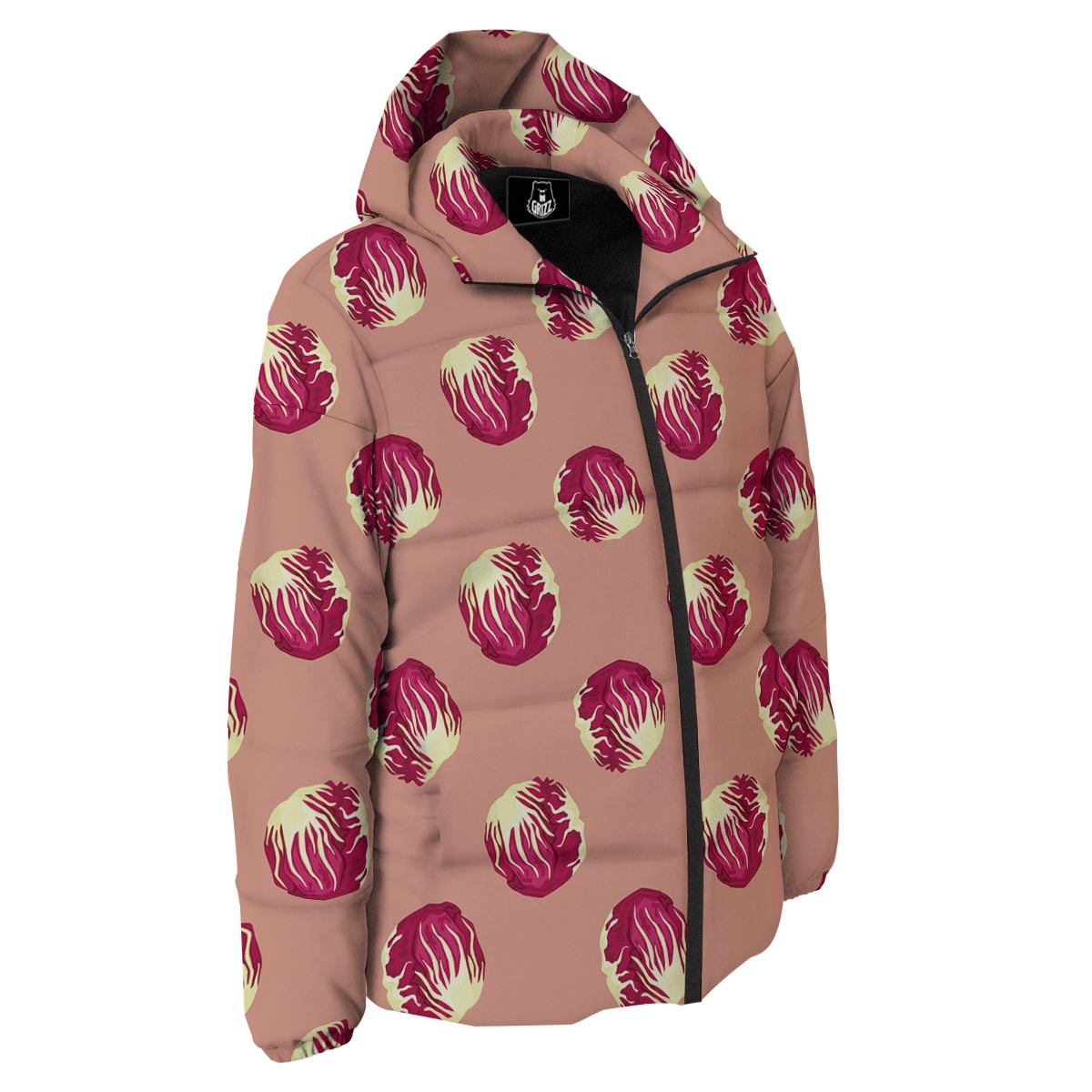 Cabbage Red Print Pattern Down Jacket-grizzshop