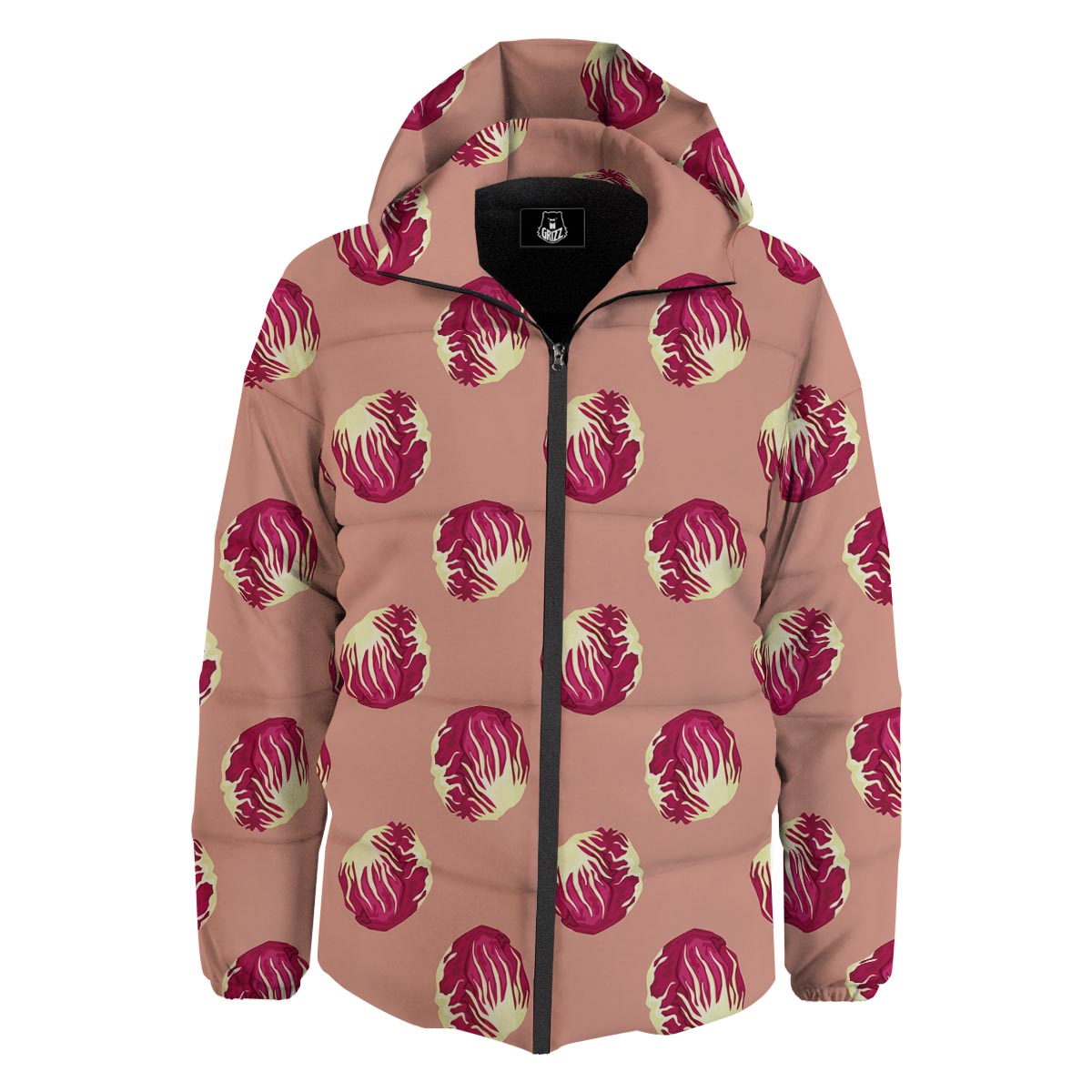 Cabbage Red Print Pattern Down Jacket-grizzshop