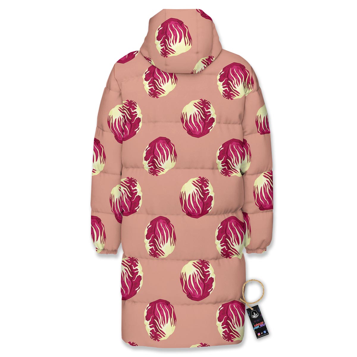 Cabbage Red Print Pattern Long Down Jacket-grizzshop