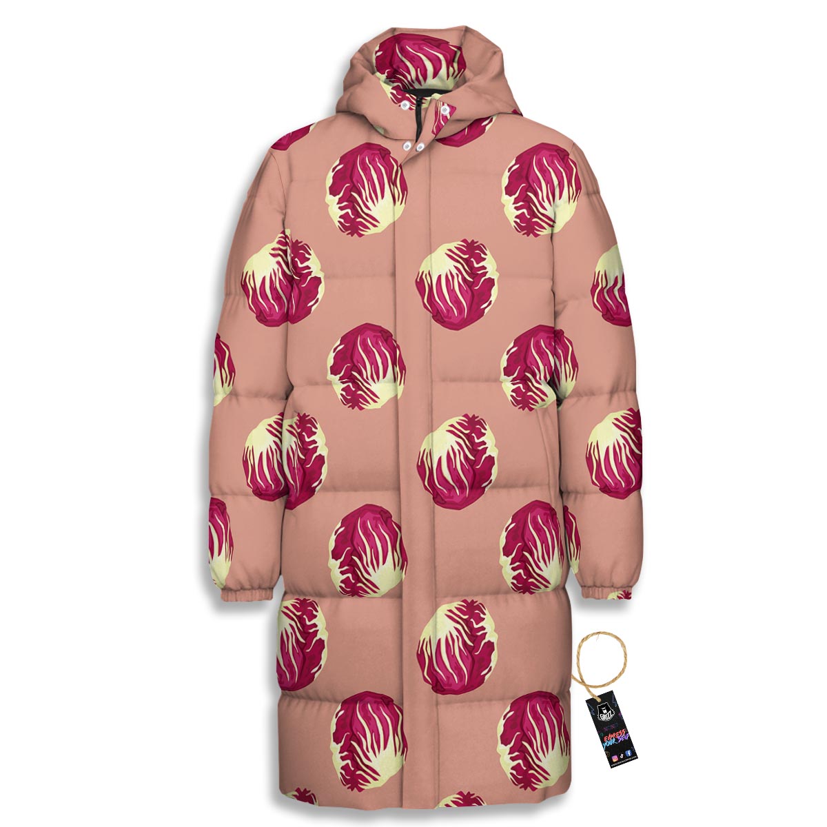 Cabbage Red Print Pattern Long Down Jacket-grizzshop