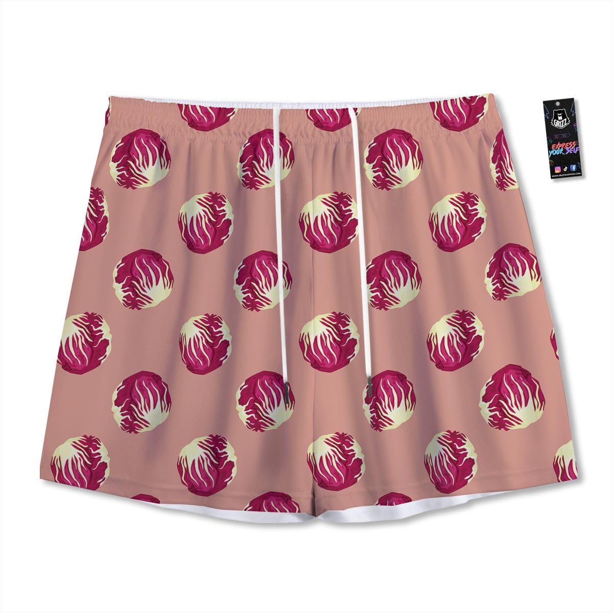 Cabbage Red Print Pattern Mesh Shorts-grizzshop
