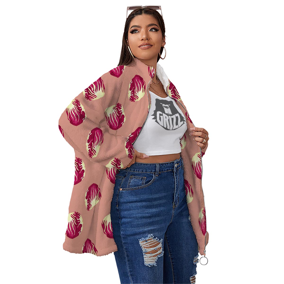 Cabbage Red Print Pattern Women's Sherpa Jacket-grizzshop
