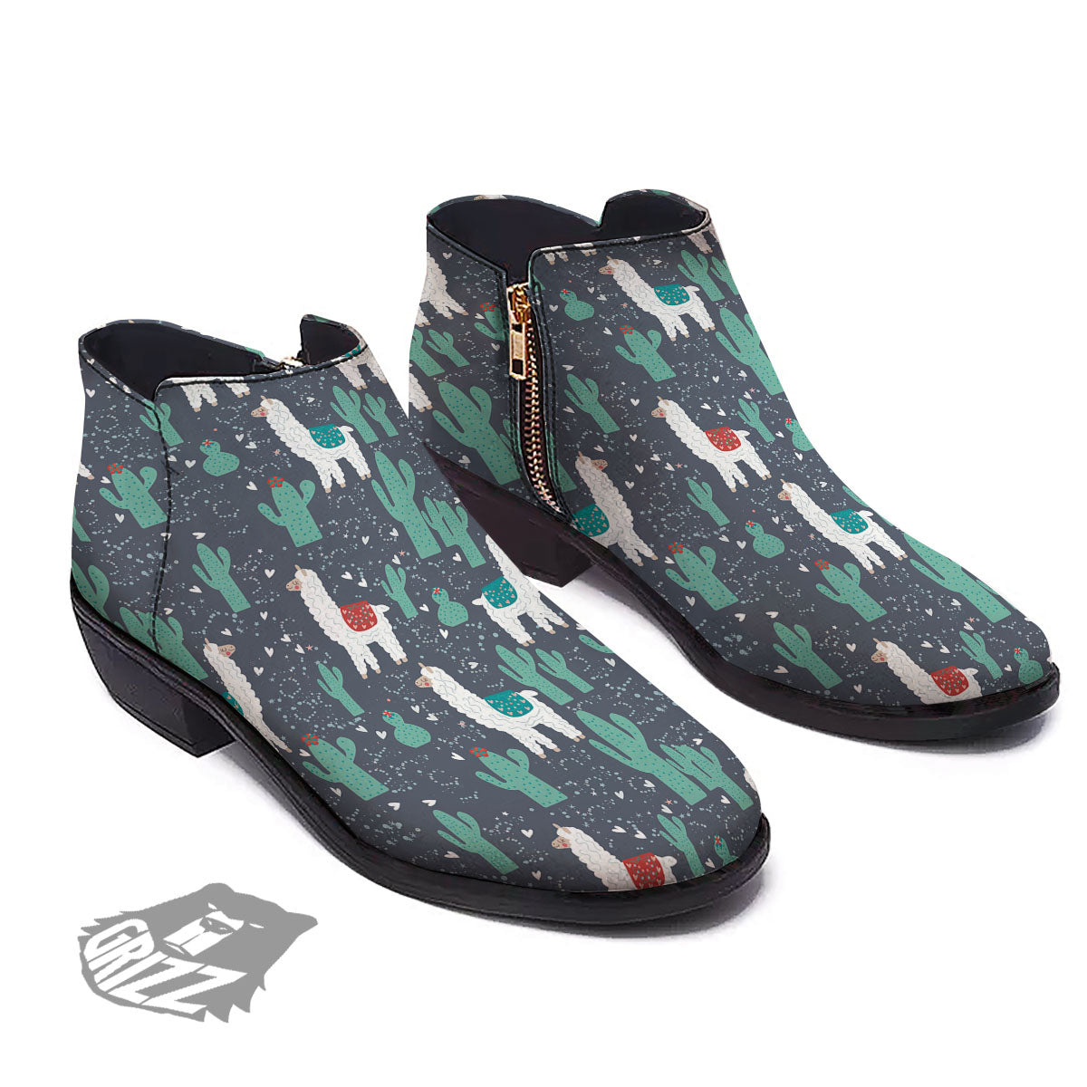 Cactus And Happy Llama Print Pattern Ankle Boots-grizzshop