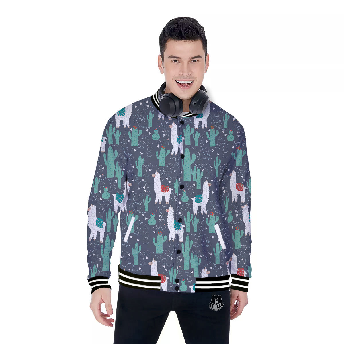 Cactus And Happy Llama Print Pattern Baseball Jacket-grizzshop