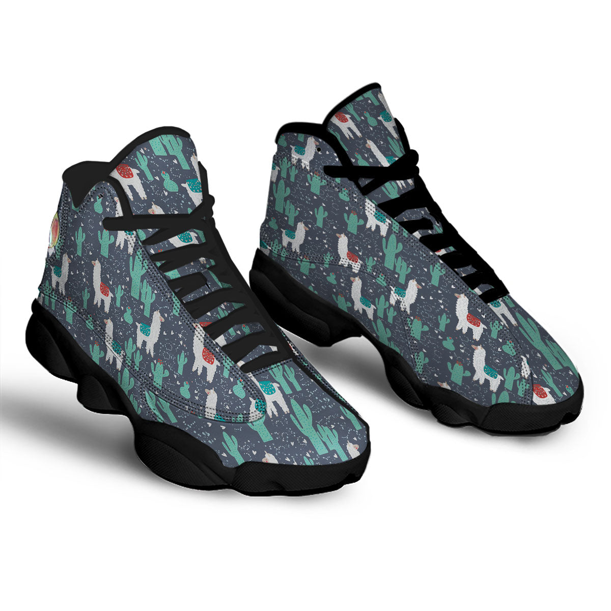 Cactus And Happy Llama Print Pattern Black Basketball Shoes-grizzshop
