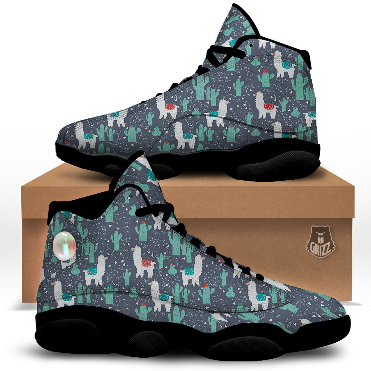 Cactus And Happy Llama Print Pattern Black Basketball Shoes-grizzshop