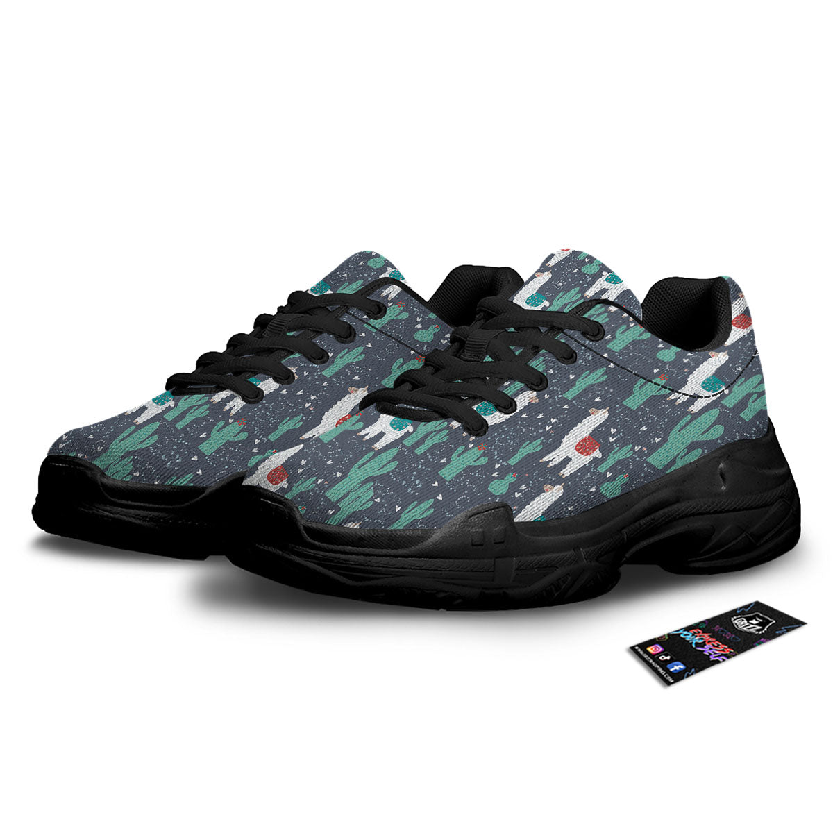 Cactus And Happy Llama Print Pattern Black Chunky Shoes-grizzshop