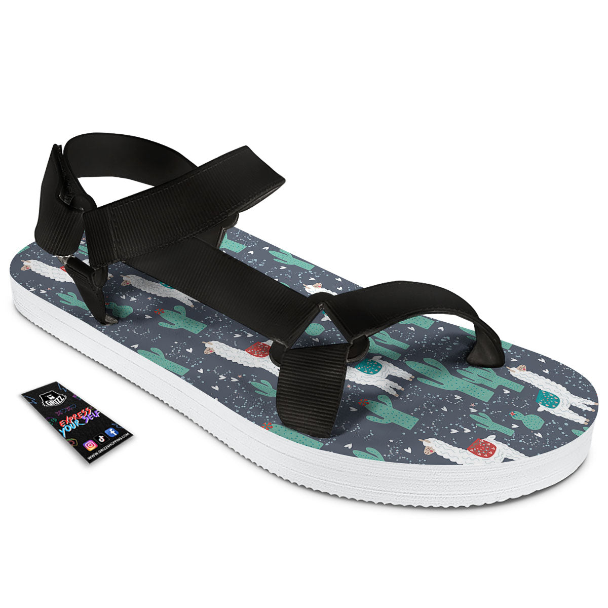 Cactus And Happy Llama Print Pattern Black Open Toe Sandals-grizzshop