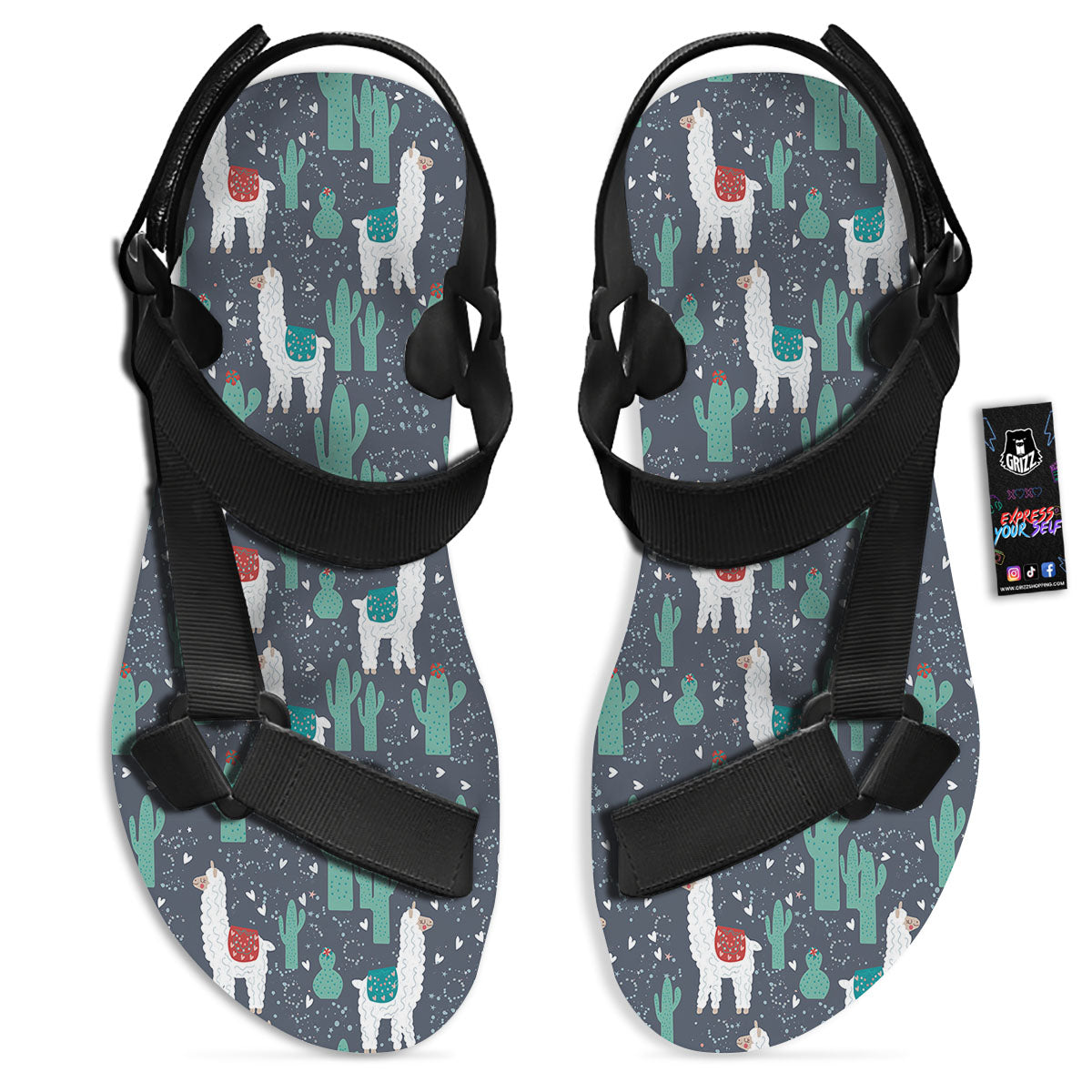 Cactus And Happy Llama Print Pattern Black Open Toe Sandals-grizzshop
