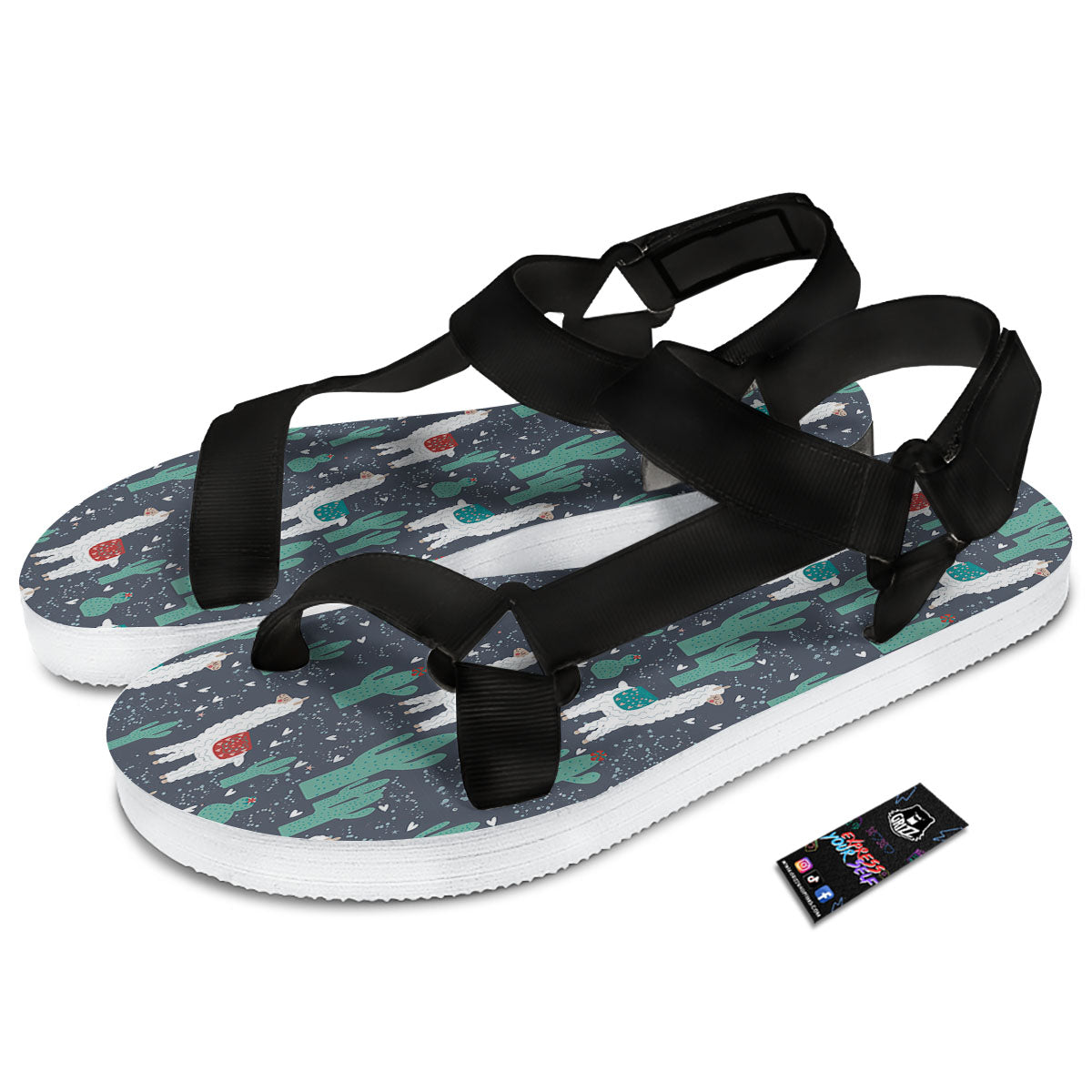 Cactus And Happy Llama Print Pattern Black Open Toe Sandals-grizzshop