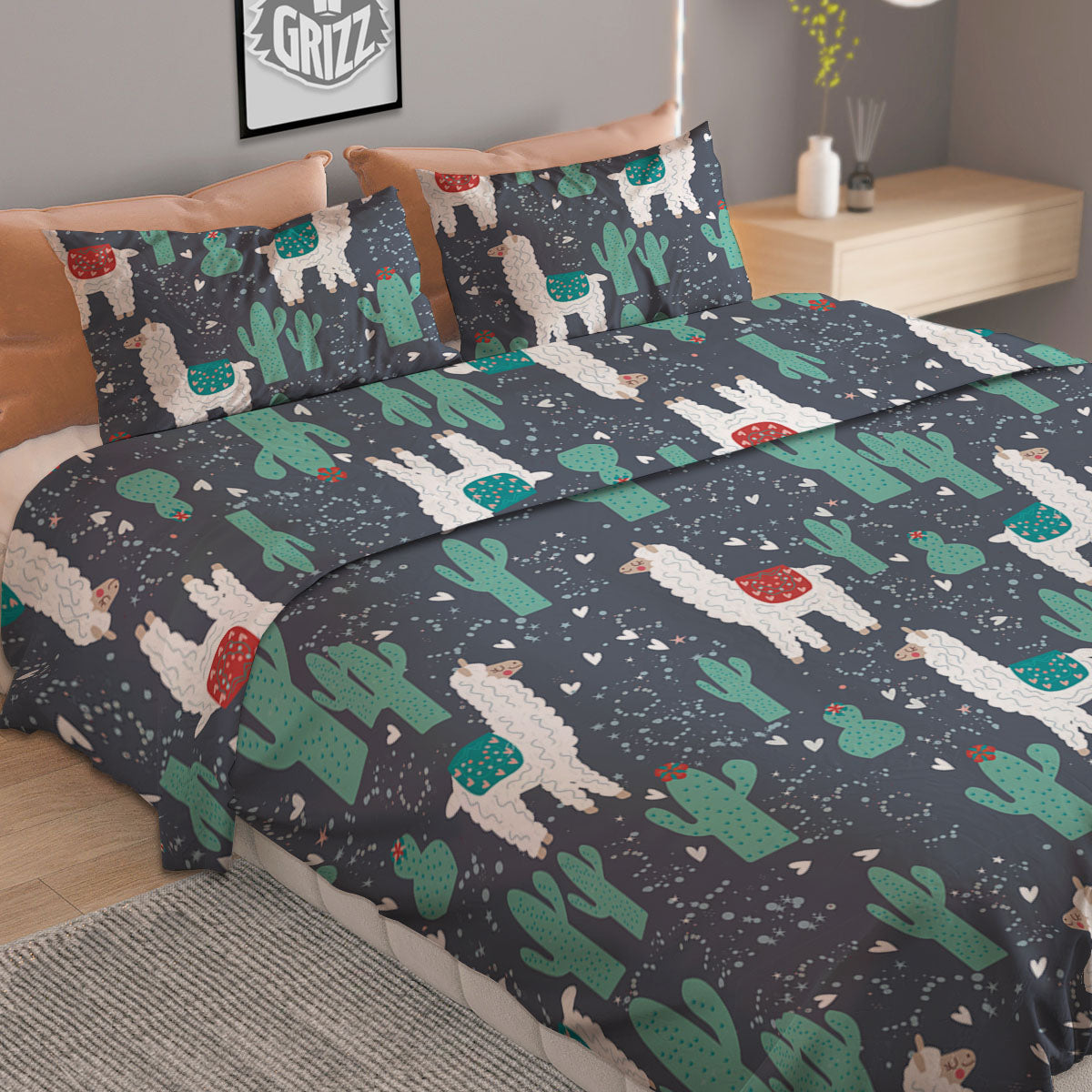 Cactus And Happy Llama Print Pattern Duvet Cover Bedding Set