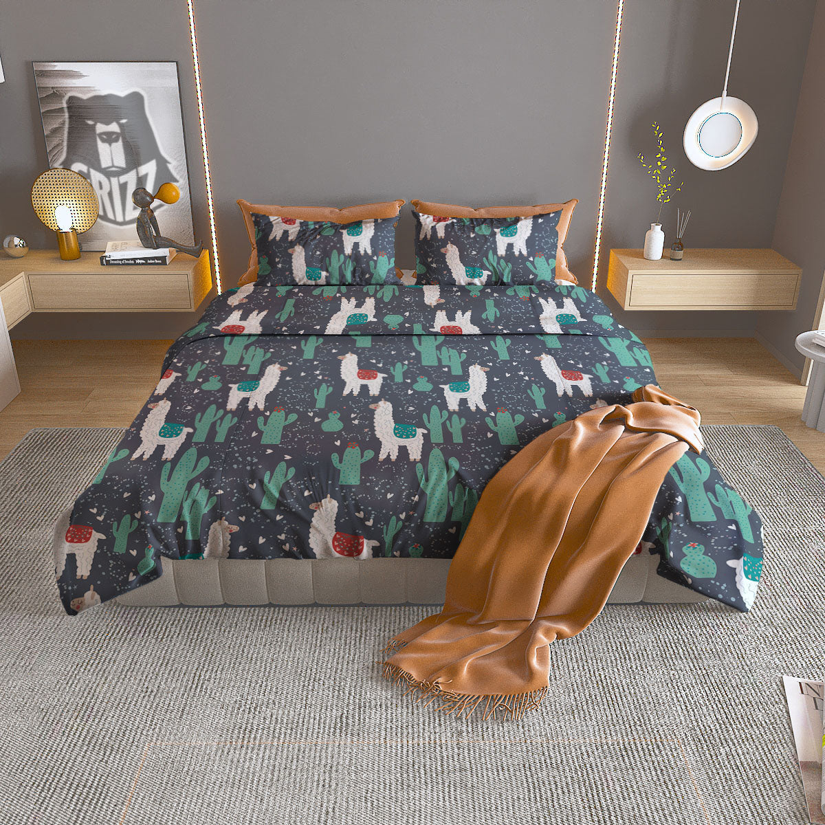 Cactus And Happy Llama Print Pattern Duvet Cover Bedding Set