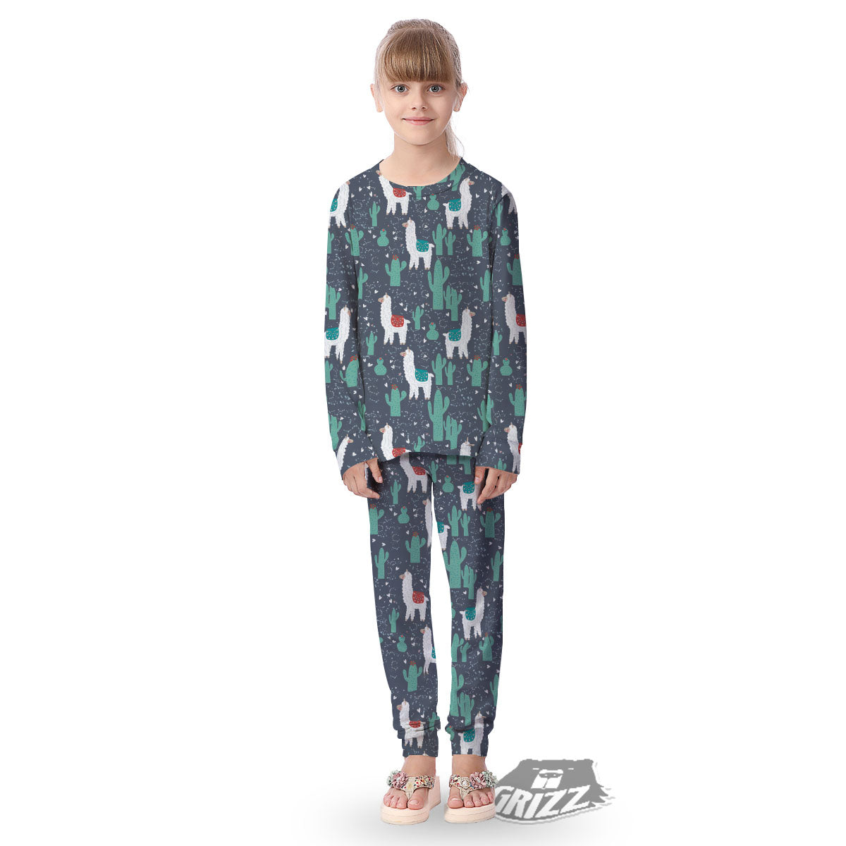 Cactus And Happy Llama Print Pattern Kid's Pajamas-grizzshop