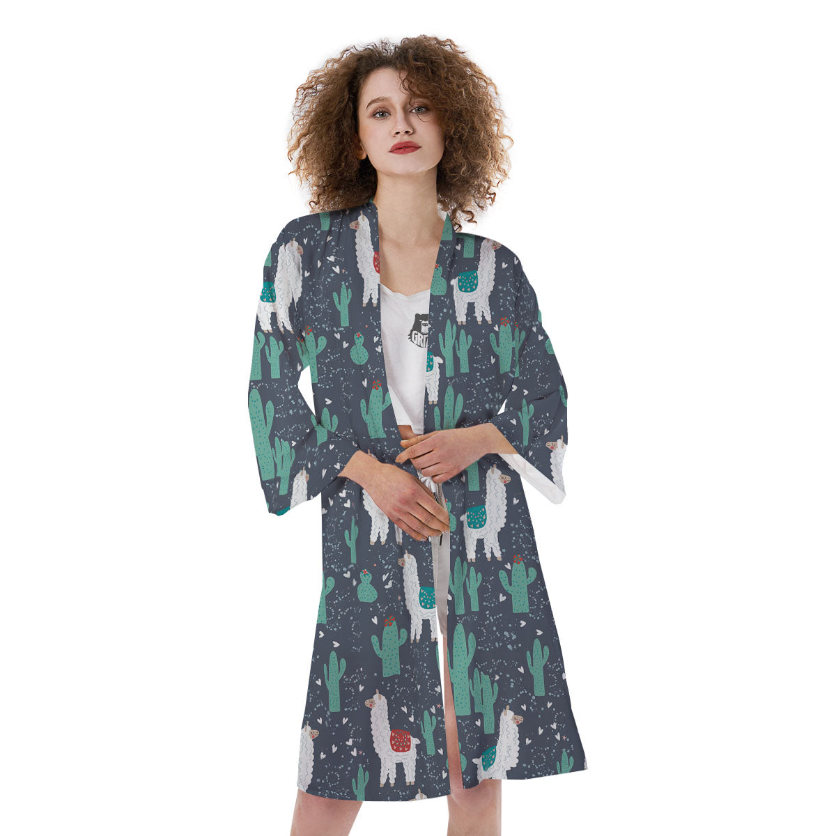 Cactus And Happy Llama Print Pattern Kimono-grizzshop