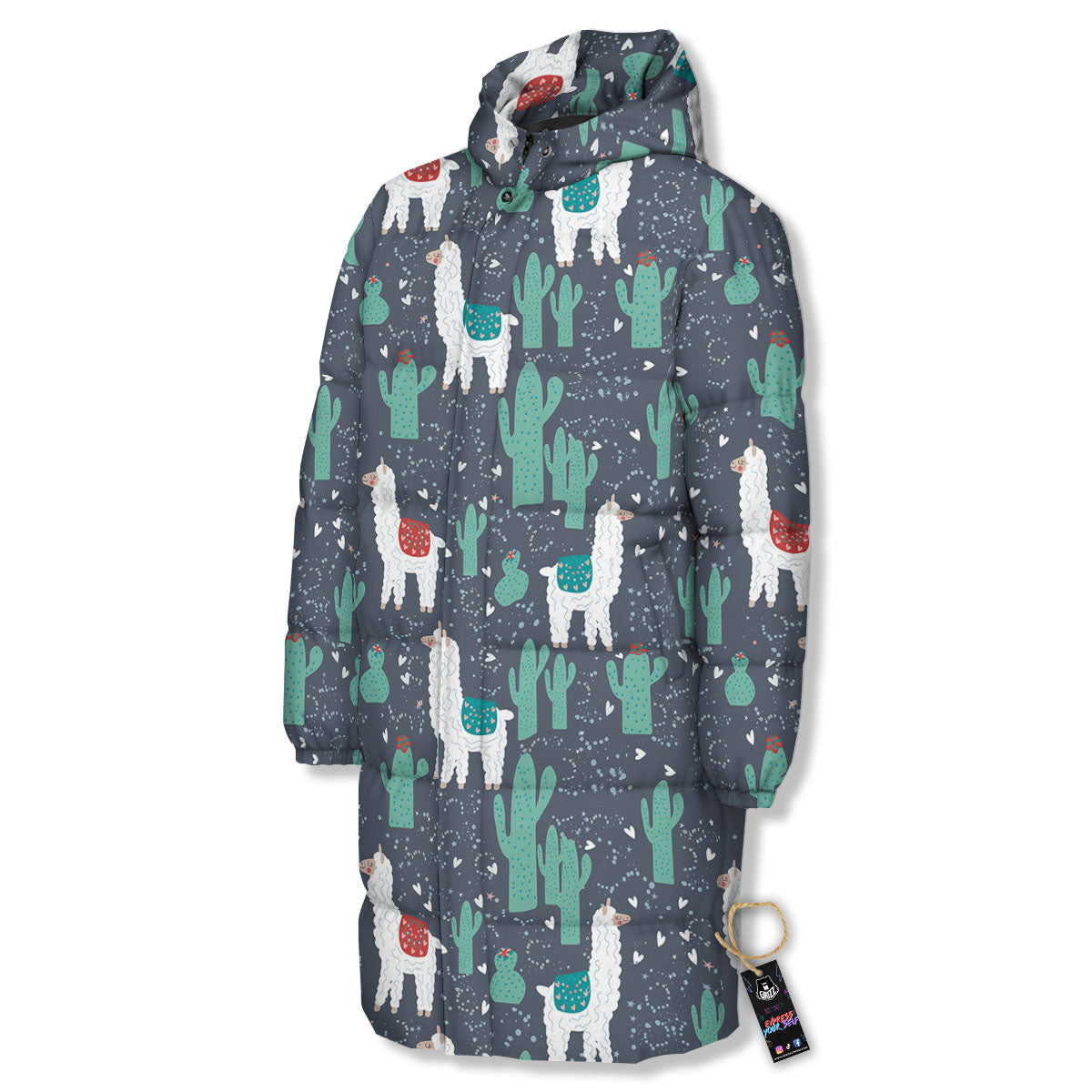 Cactus And Happy Llama Print Pattern Long Down Jacket-grizzshop