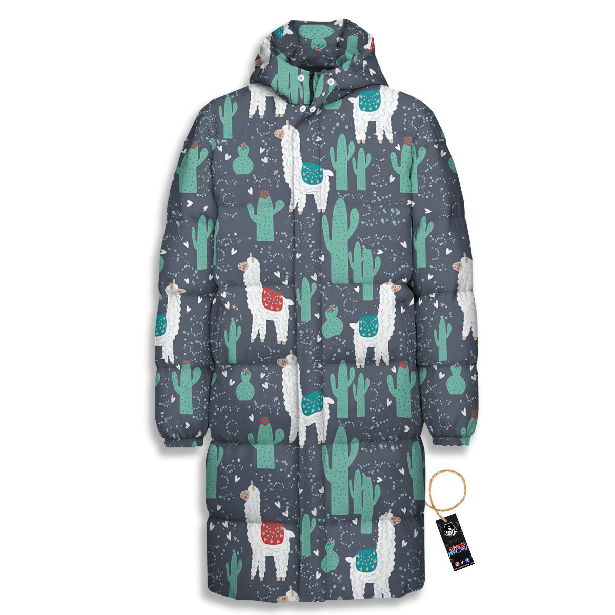 Cactus And Happy Llama Print Pattern Long Down Jacket-grizzshop