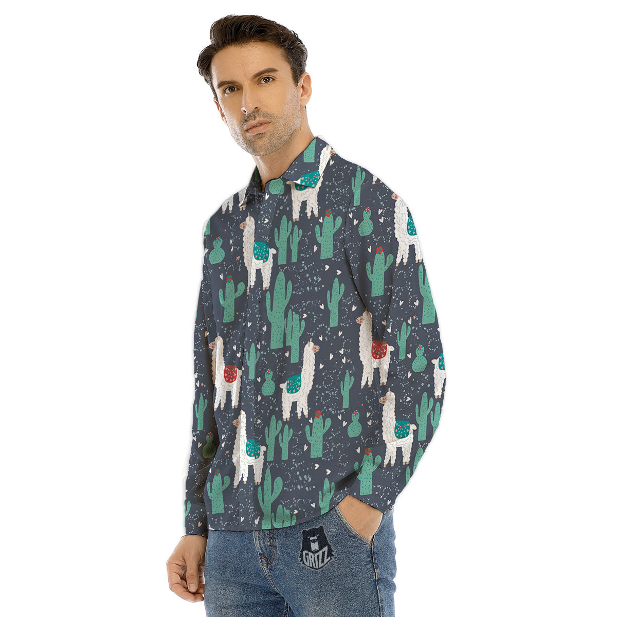Cactus And Happy Llama Print Pattern Men's Dress Shirts-grizzshop