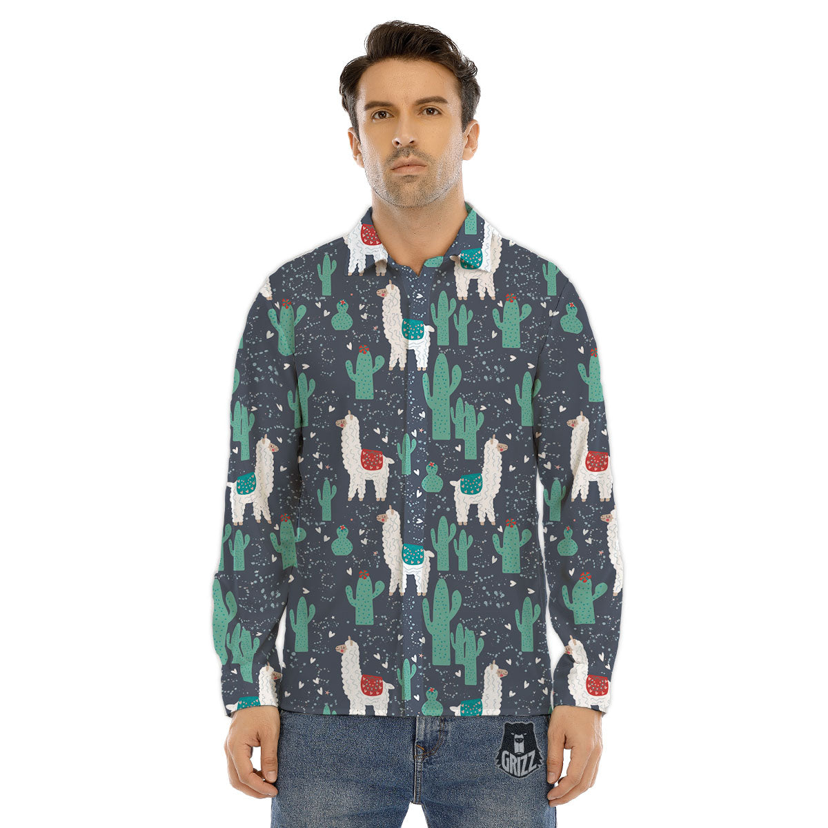 Cactus And Happy Llama Print Pattern Men's Dress Shirts-grizzshop