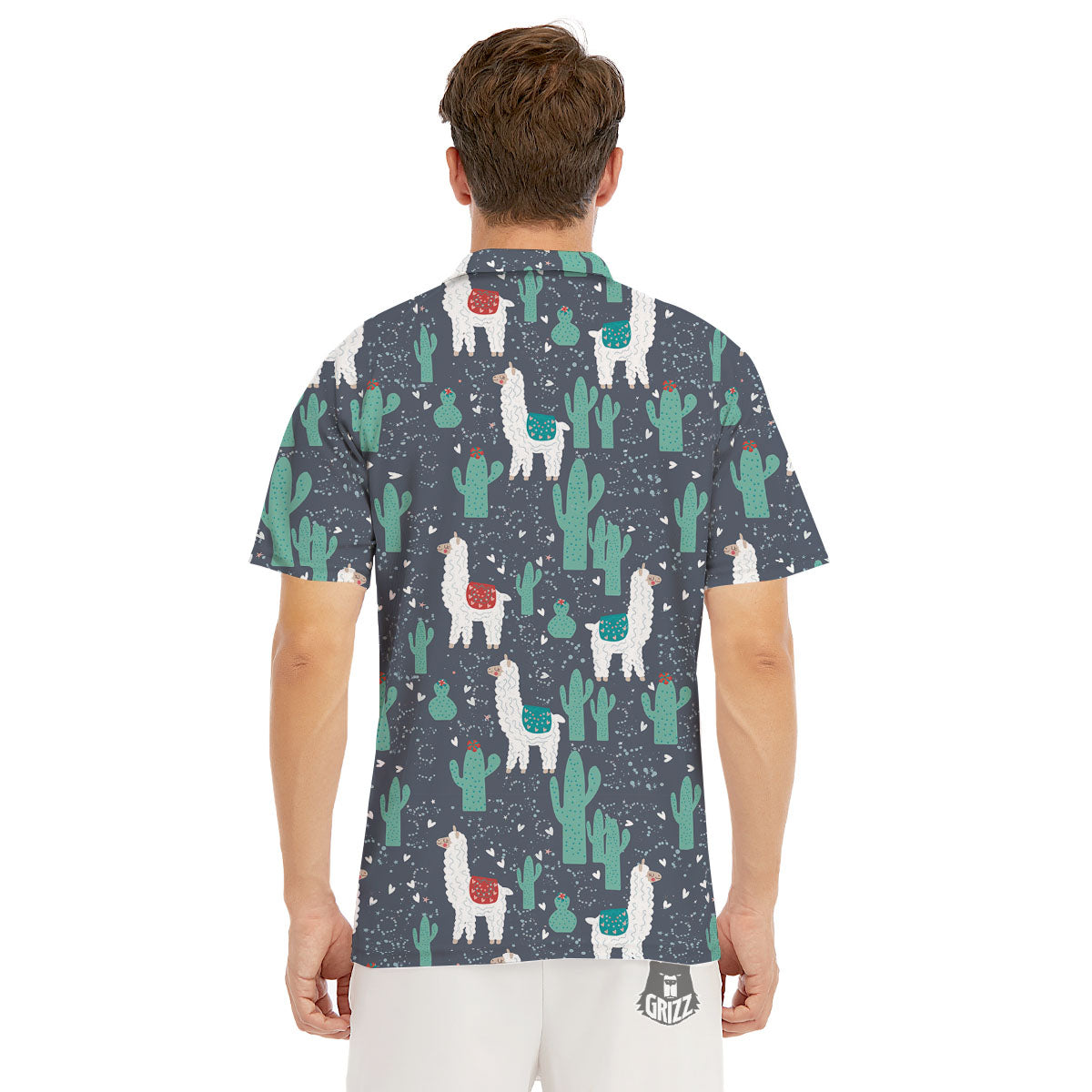 Cactus And Happy Llama Print Pattern Men's Golf Shirts-grizzshop