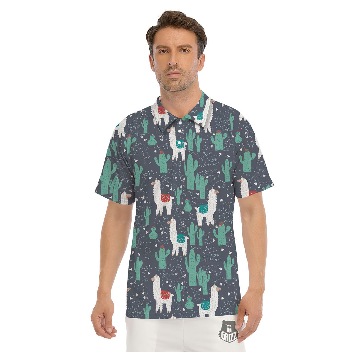 Cactus And Happy Llama Print Pattern Men's Golf Shirts-grizzshop