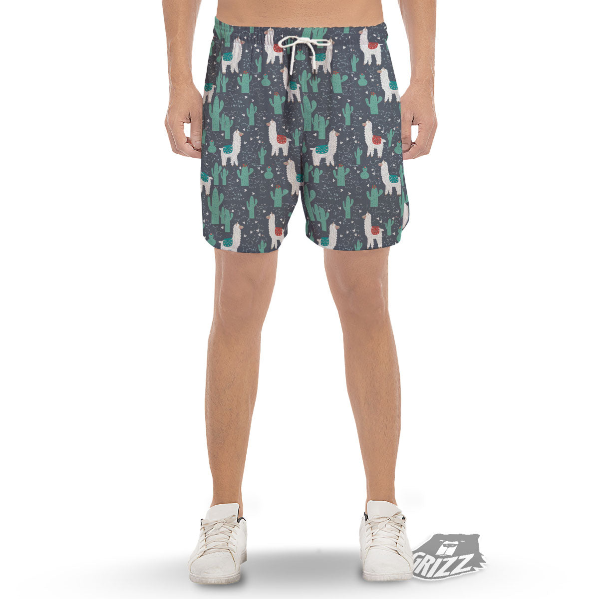 Cactus And Happy Llama Print Pattern Men's Gym Shorts-grizzshop