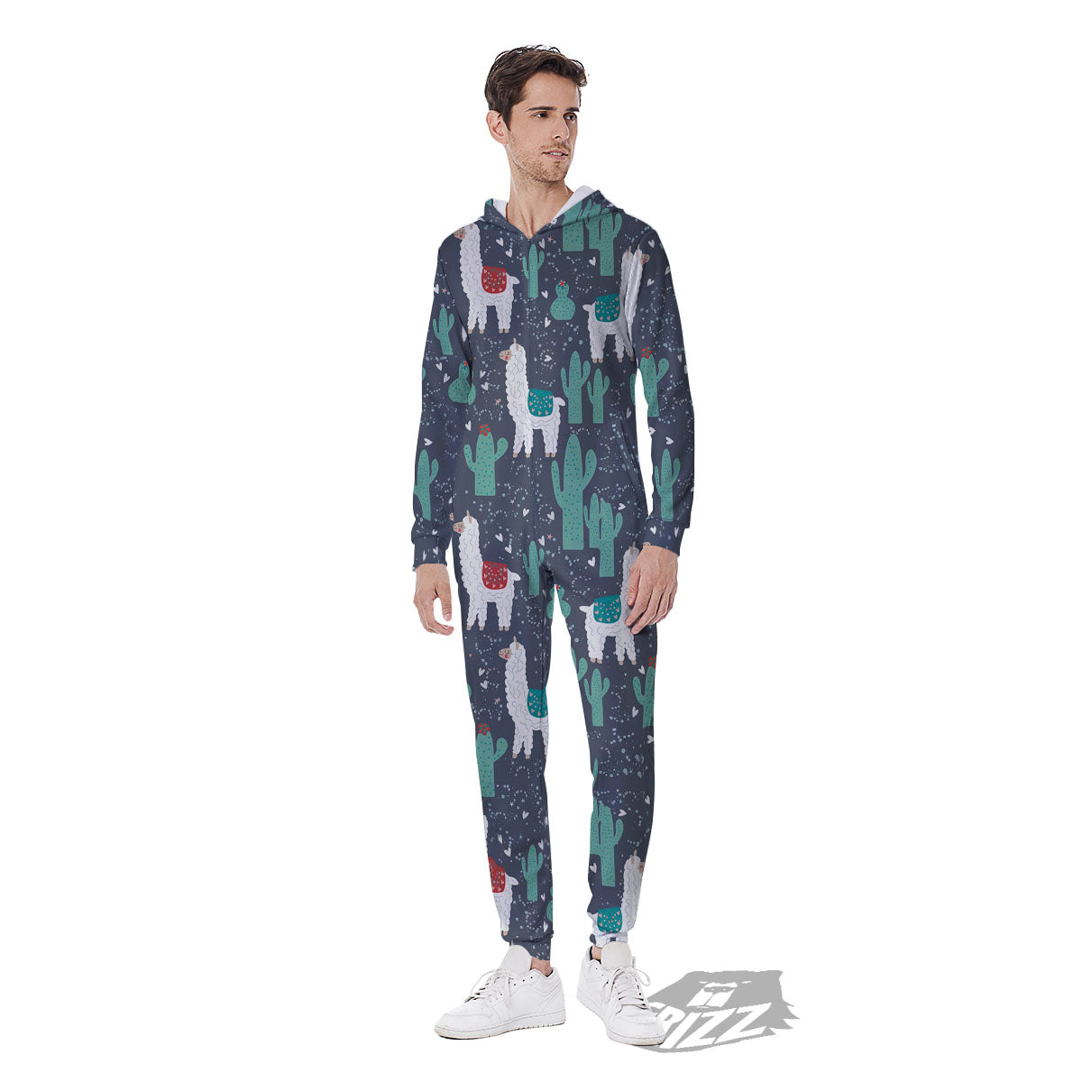 Cactus And Happy Llama Print Pattern Men's Jumpsuit-grizzshop