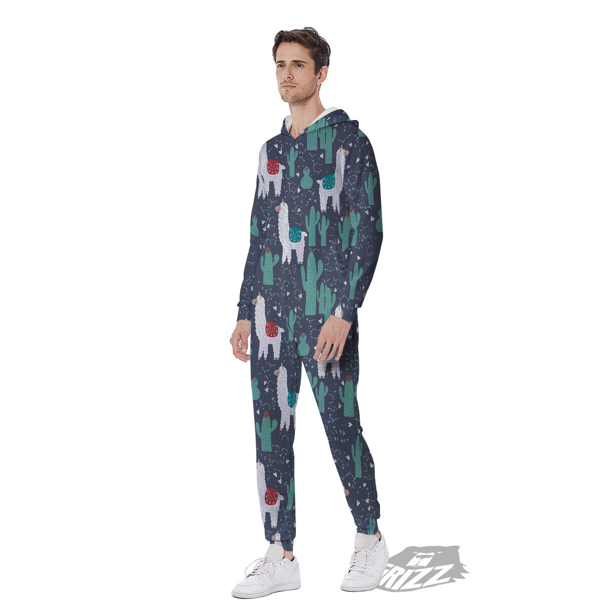 Cactus And Happy Llama Print Pattern Men's Jumpsuit-grizzshop