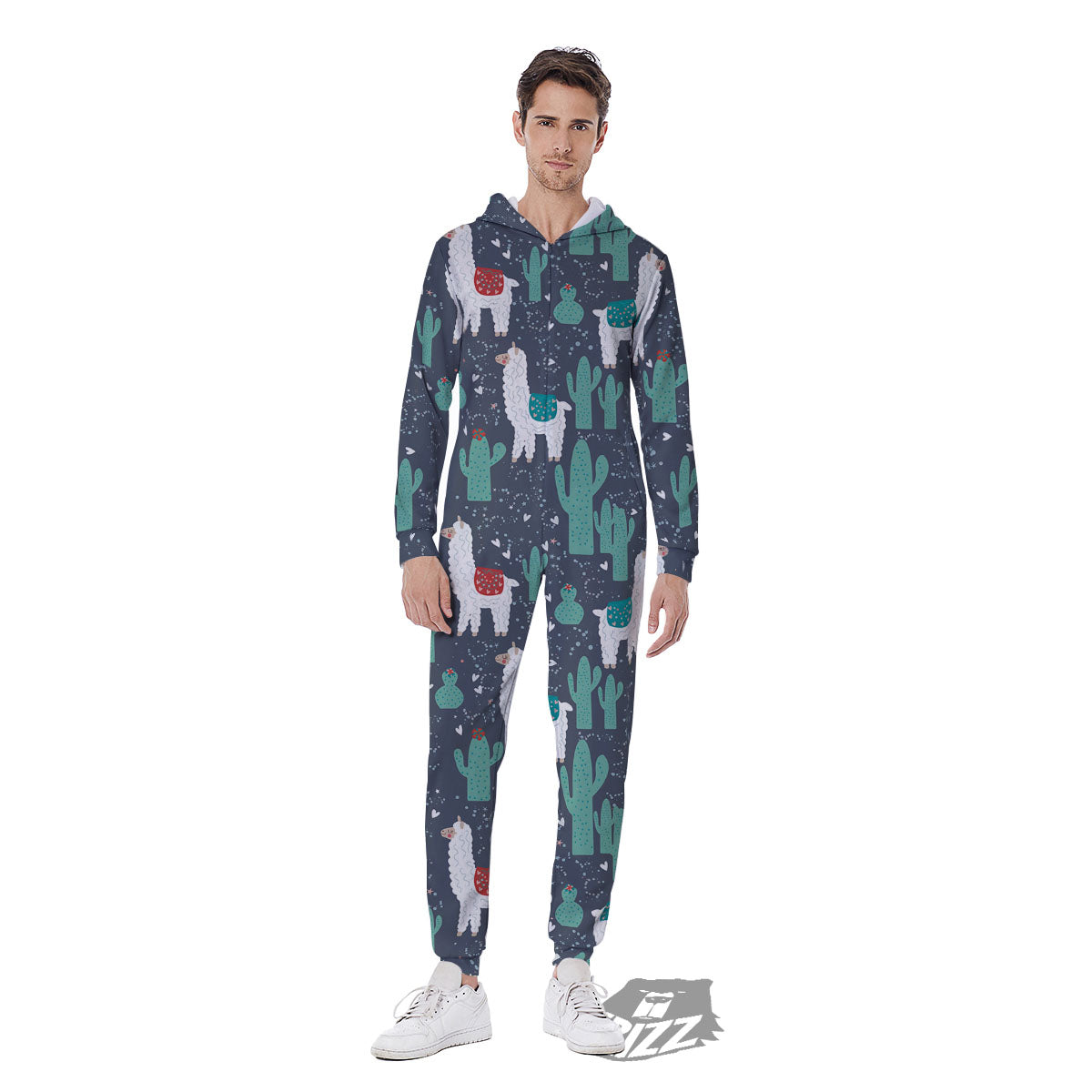 Cactus And Happy Llama Print Pattern Men's Jumpsuit-grizzshop