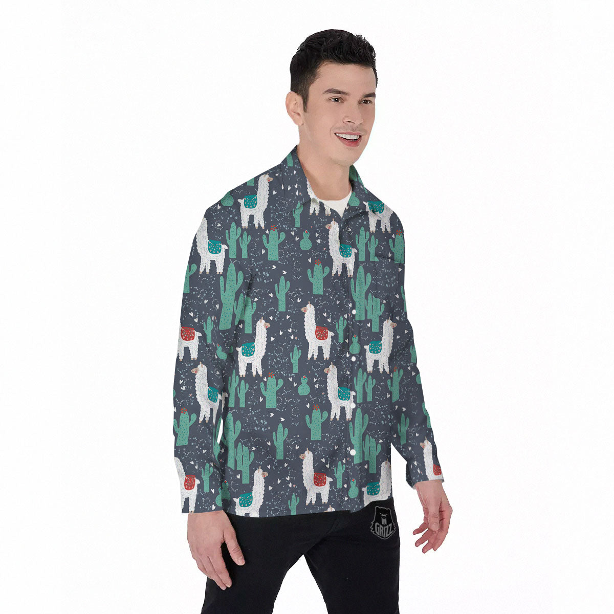 Cactus And Happy Llama Print Pattern Men's Long Sleeve Shirts-grizzshop