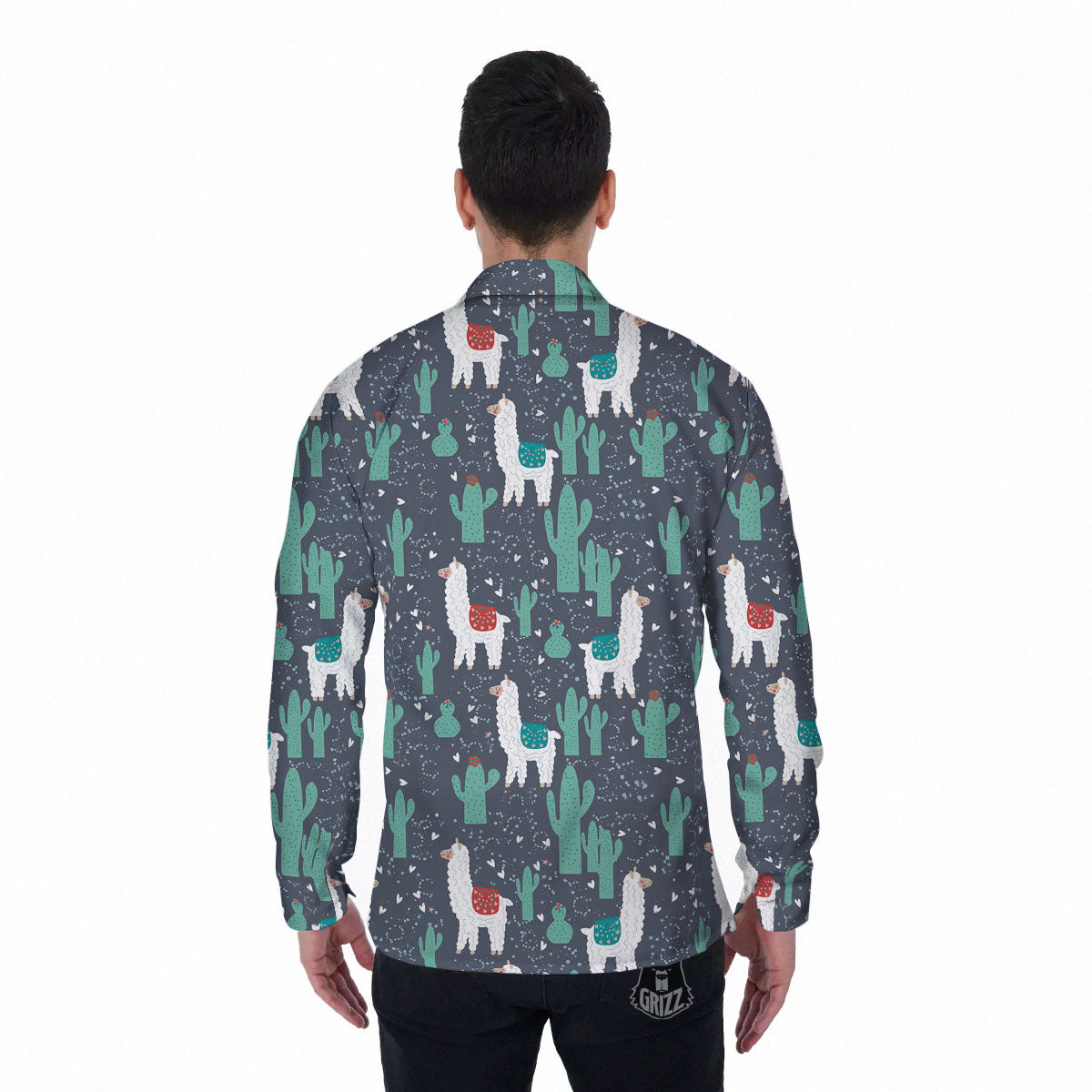 Cactus And Happy Llama Print Pattern Men's Long Sleeve Shirts-grizzshop