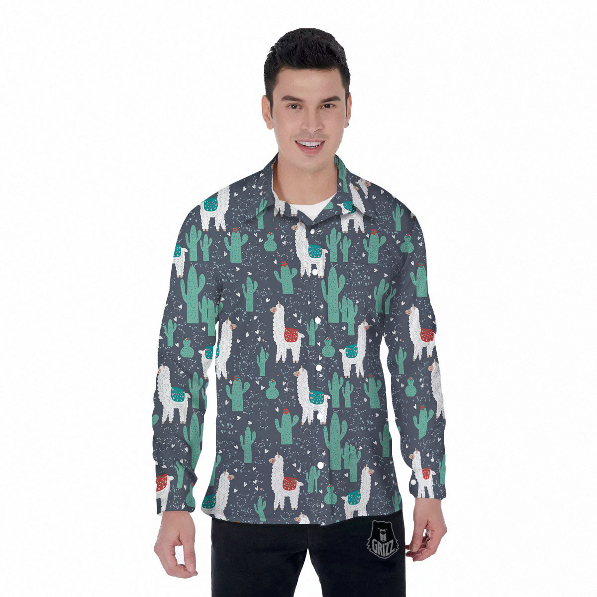 Cactus And Happy Llama Print Pattern Men's Long Sleeve Shirts-grizzshop
