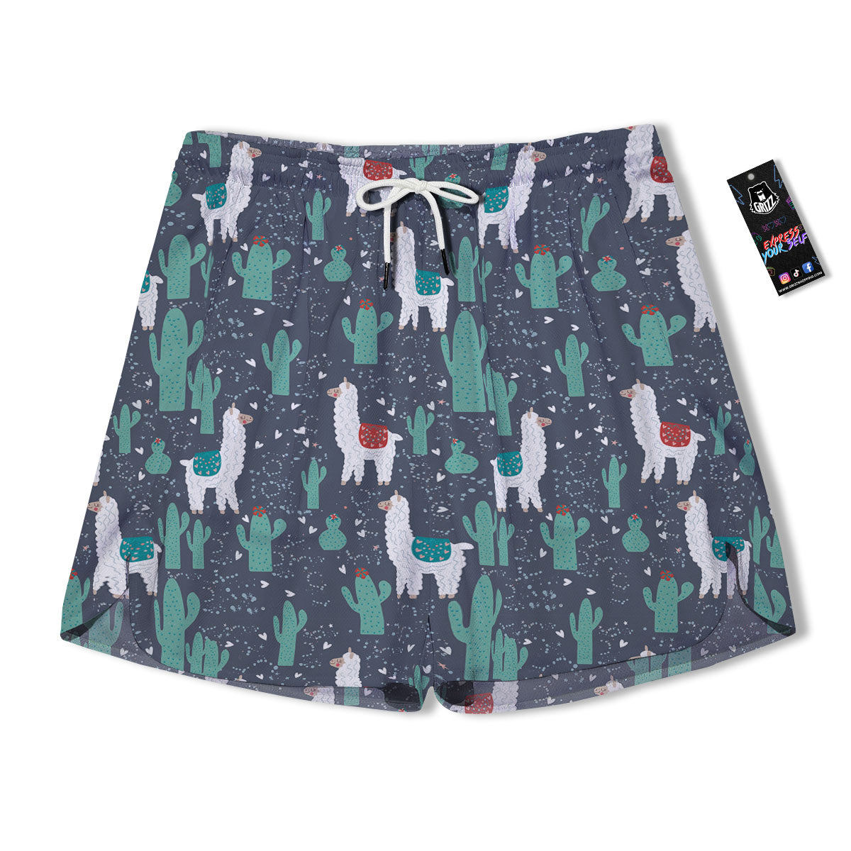 Cactus And Happy Llama Print Pattern Men's Running Shorts-grizzshop