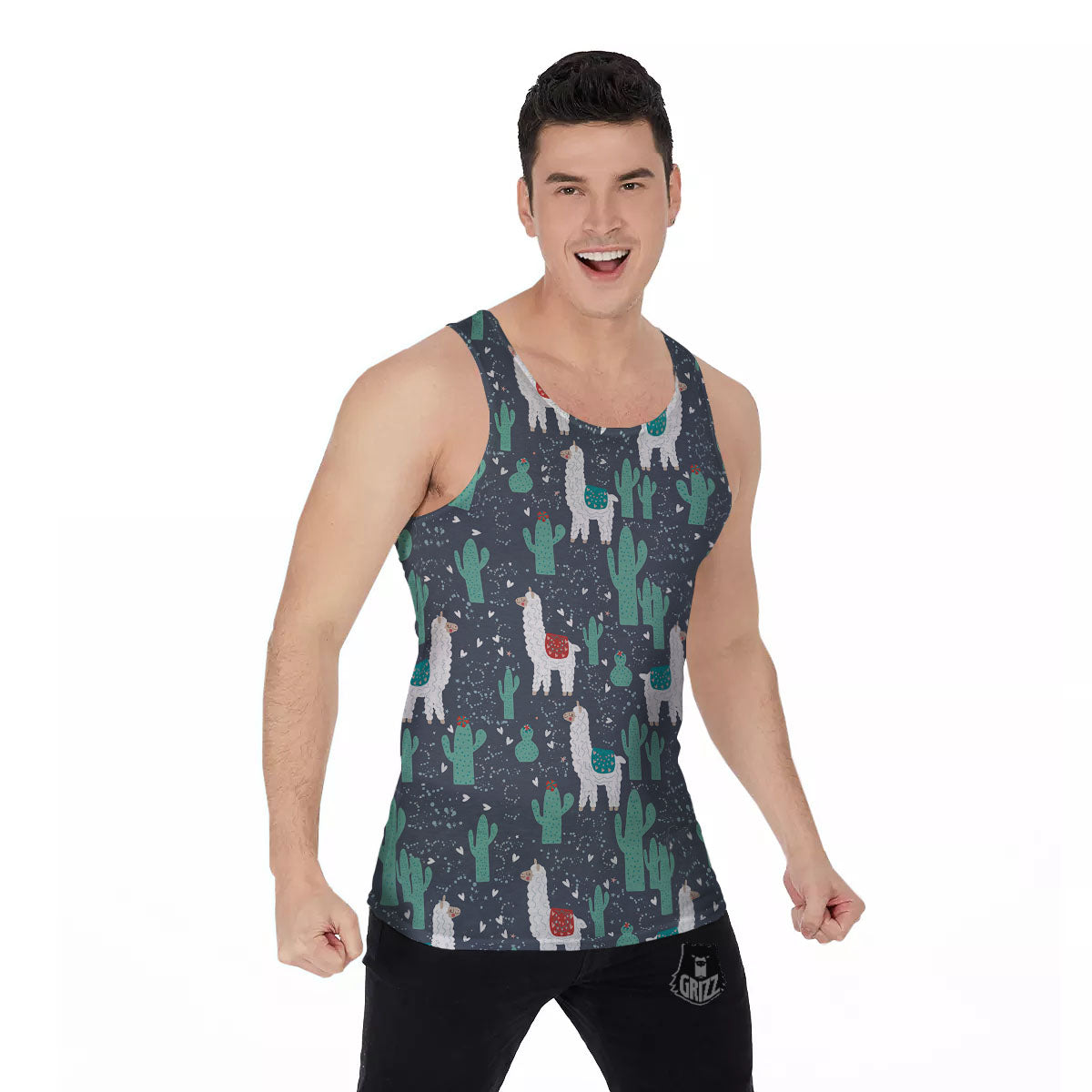 Cactus And Happy Llama Print Pattern Men's Tank Top-grizzshop