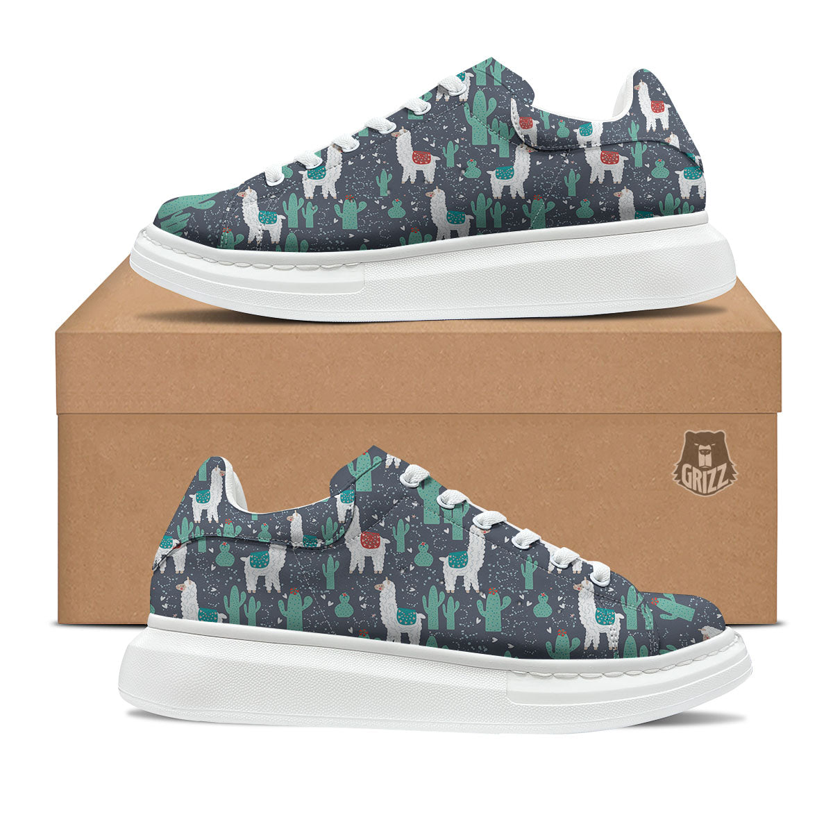 Cactus And Happy Llama Print Pattern Platform Shoes-grizzshop