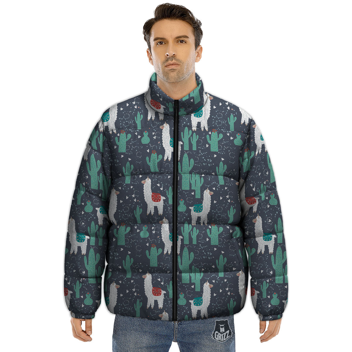 Cactus And Happy Llama Print Pattern Puffer Jacket-grizzshop