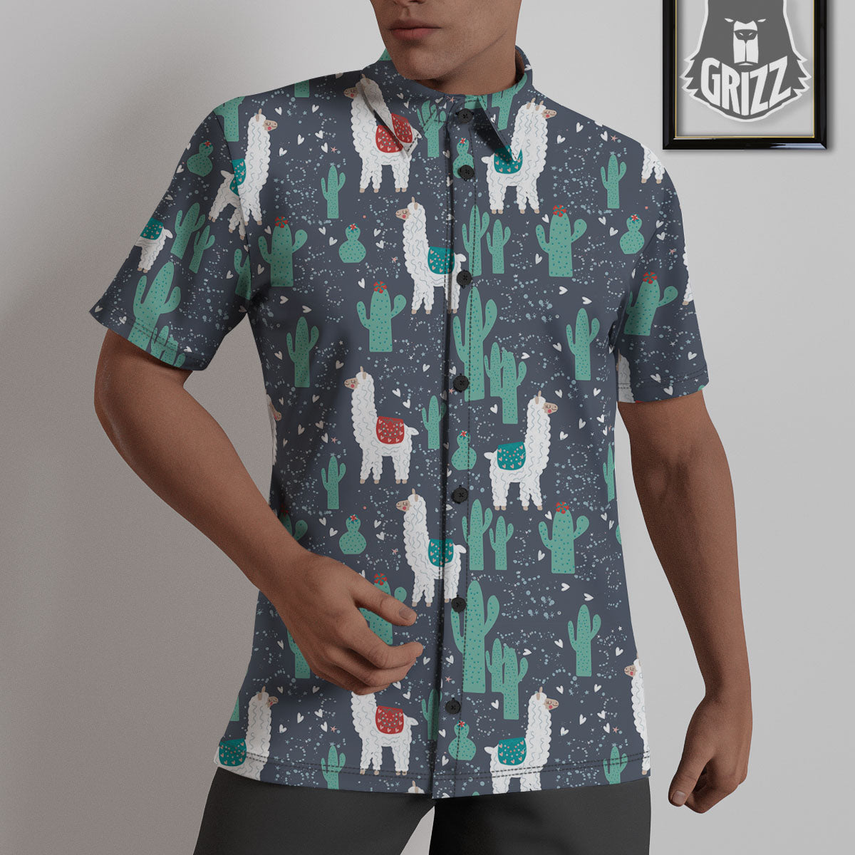 Cactus And Happy Llama Print Pattern Untucked Shirts-grizzshop