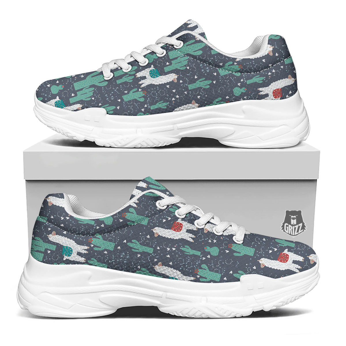 Cactus And Happy Llama Print Pattern White Chunky Shoes-grizzshop