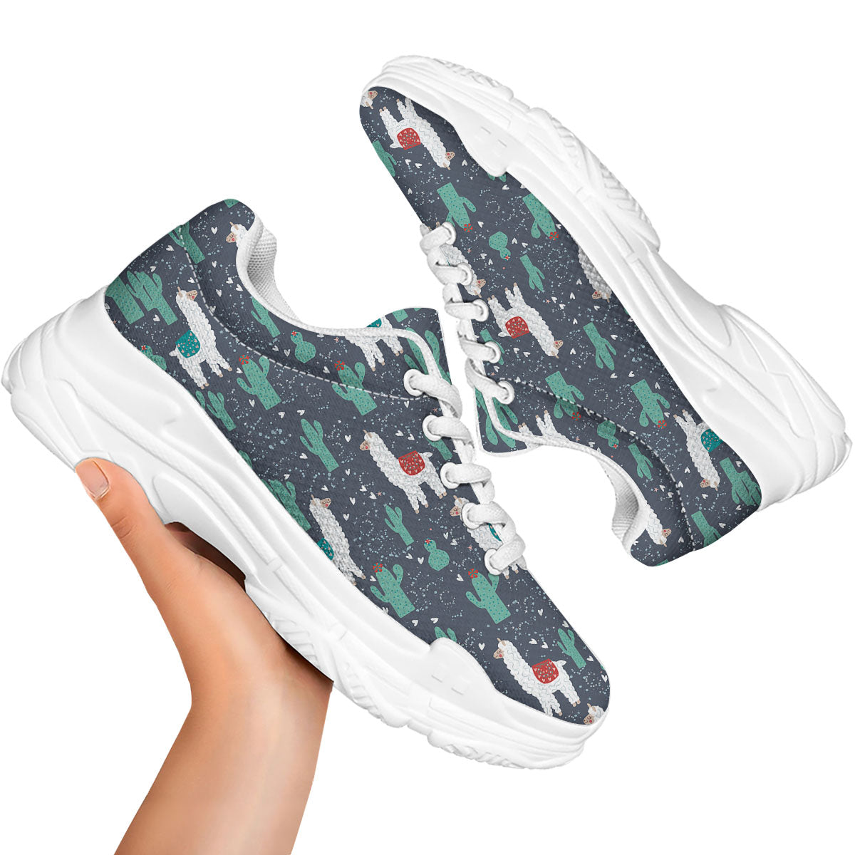 Cactus And Happy Llama Print Pattern White Chunky Shoes-grizzshop