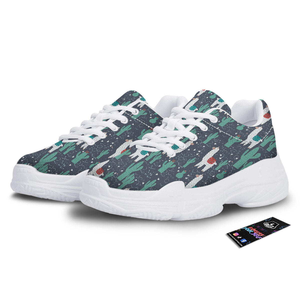 Cactus And Happy Llama Print Pattern White Chunky Shoes-grizzshop