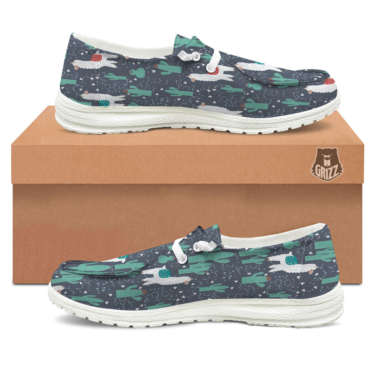 Cactus And Happy Llama Print Pattern White Loafers-grizzshop