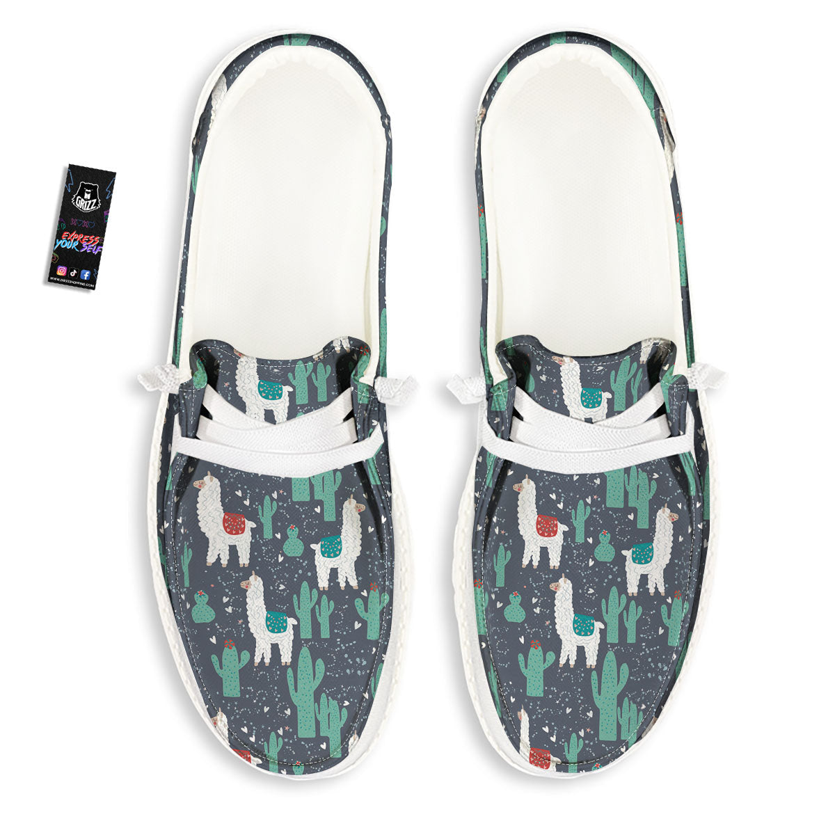 Cactus And Happy Llama Print Pattern White Loafers-grizzshop
