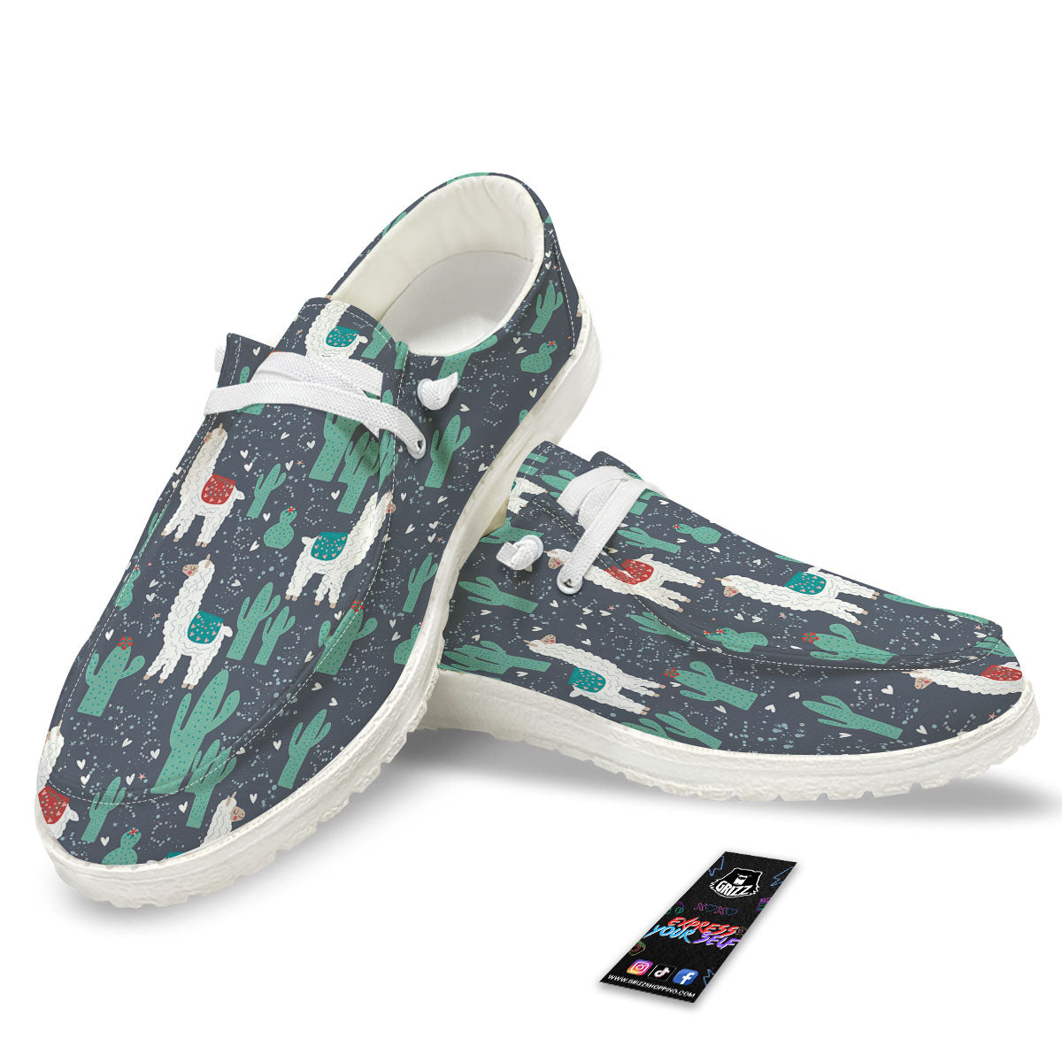 Cactus And Happy Llama Print Pattern White Loafers-grizzshop