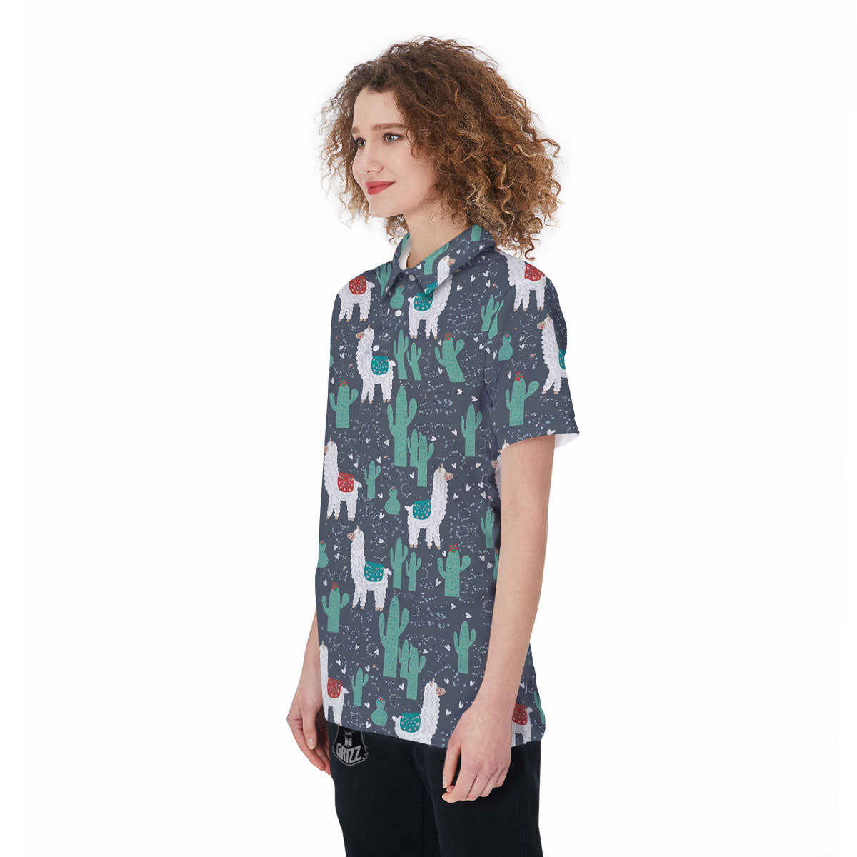 Cactus And Happy Llama Print Pattern Women's Golf Shirts-grizzshop