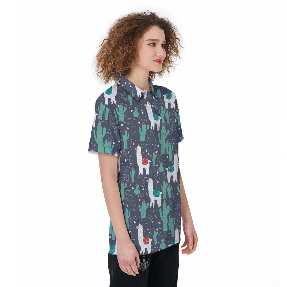 Cactus And Happy Llama Print Pattern Women's Golf Shirts-grizzshop