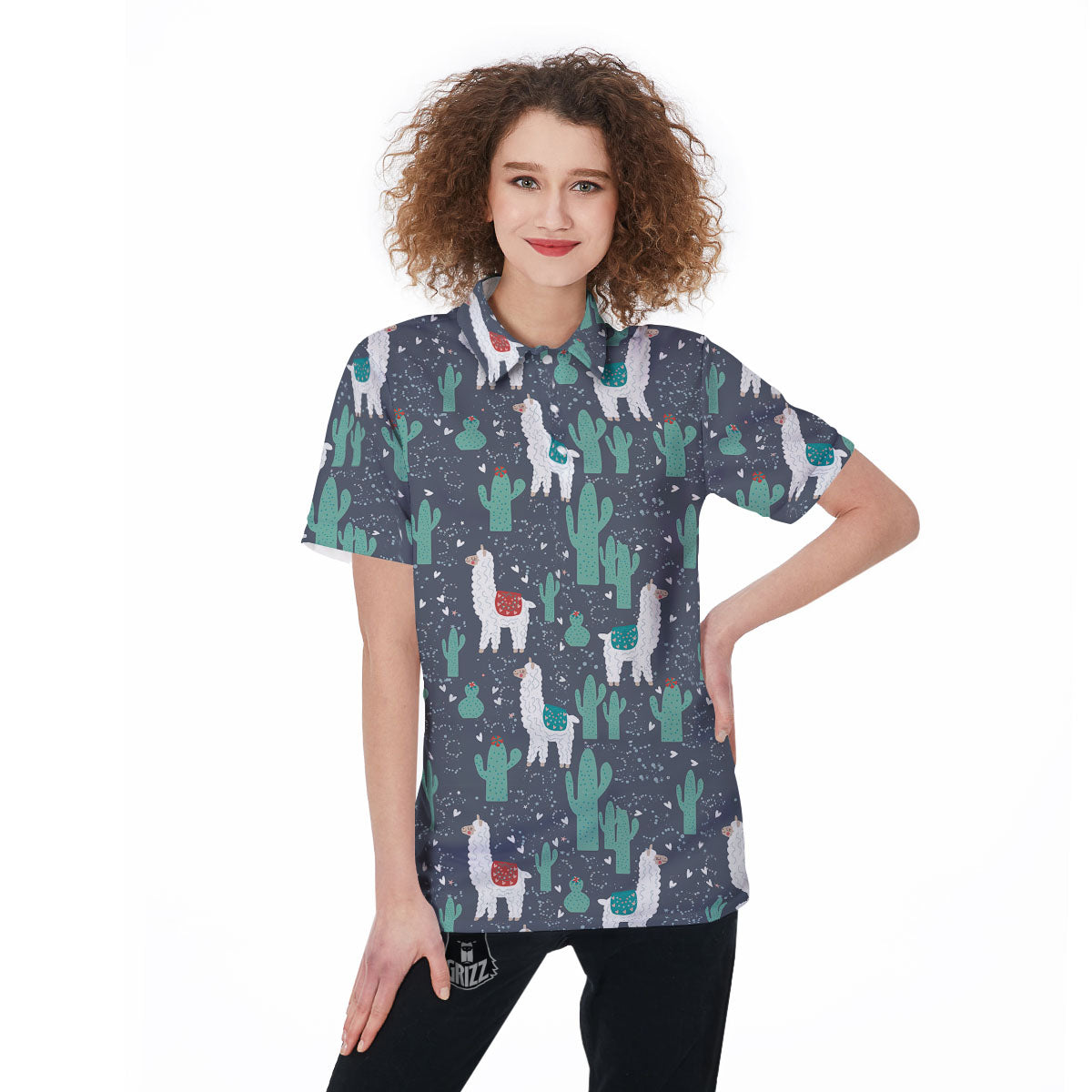Cactus And Happy Llama Print Pattern Women's Golf Shirts-grizzshop