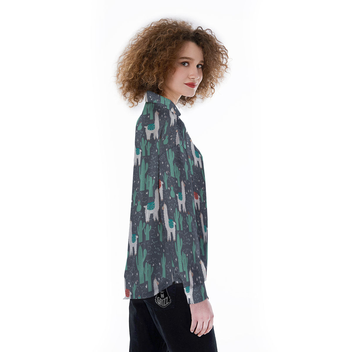 Cactus And Happy Llama Print Pattern Women's Long Sleeve Shirts-grizzshop