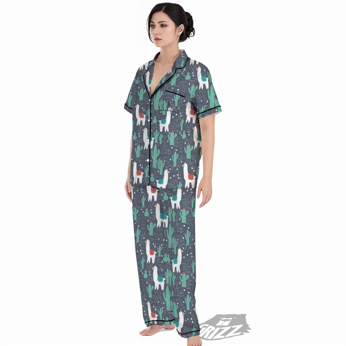 Cactus And Happy Llama Print Pattern Women's Pajamas Set-grizzshop