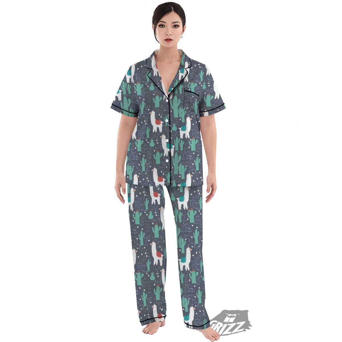 Cactus And Happy Llama Print Pattern Women's Pajamas Set-grizzshop