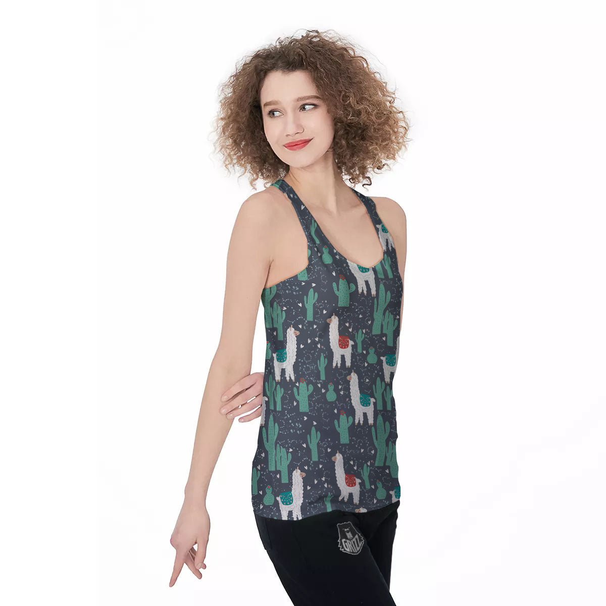Cactus And Happy Llama Print Pattern Women's Racerback Tank Top-grizzshop